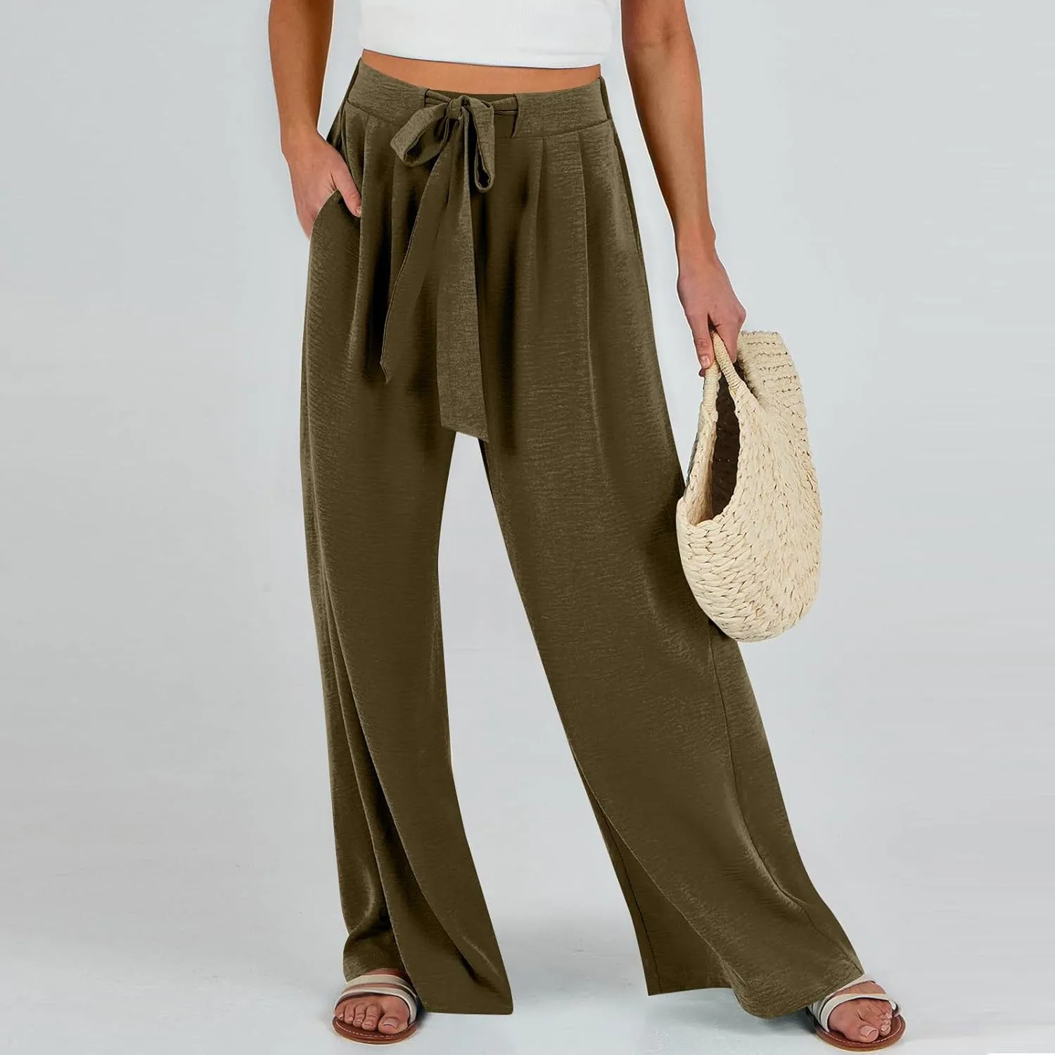Linen Pants Women High Waisted Wide Leg Work Pants Business Casual Formal Pull On Dress Pants with Pockets Slacks