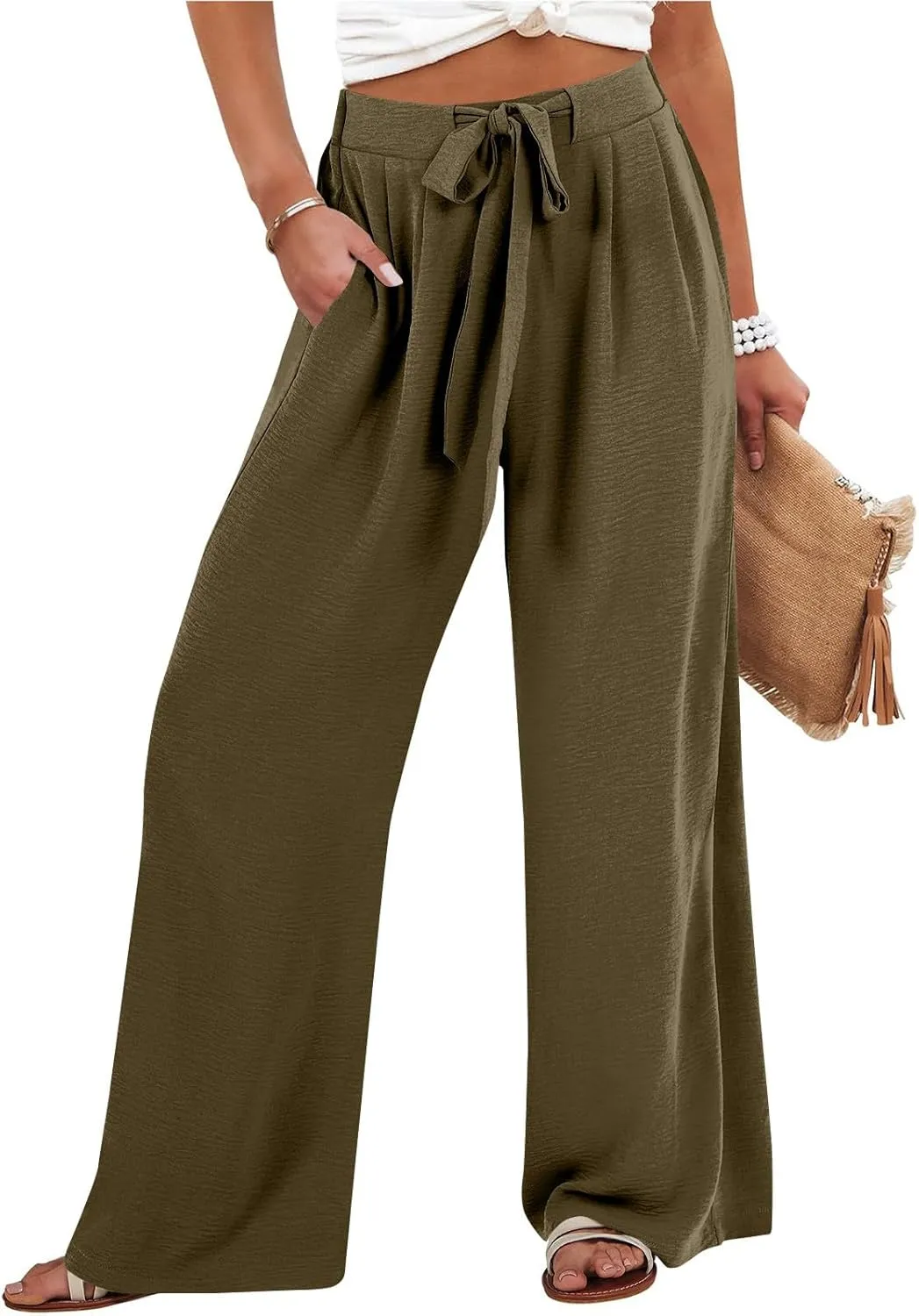Linen Pants Women High Waisted Wide Leg Work Pants Business Casual Formal Pull On Dress Pants with Pockets Slacks