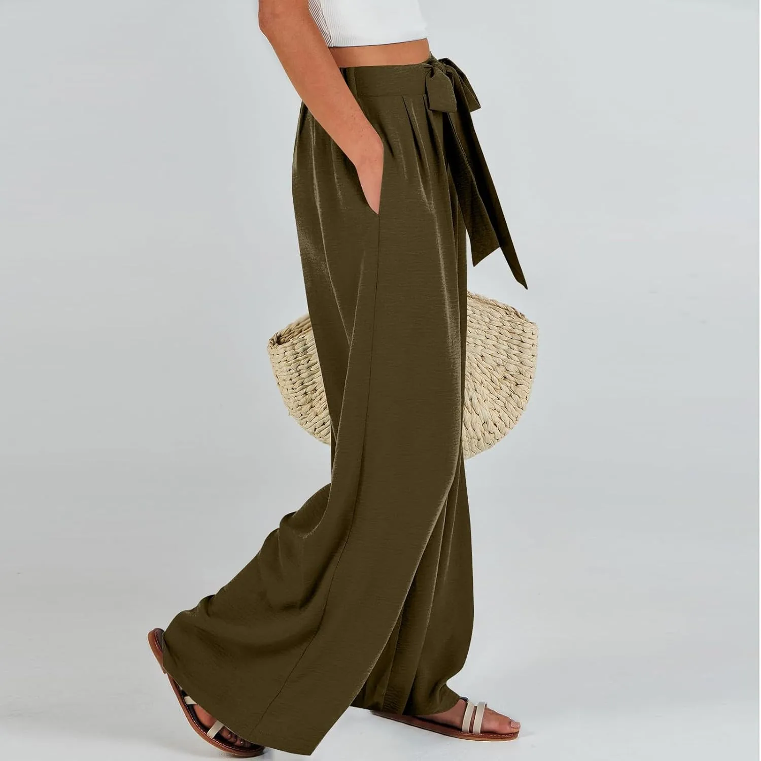 Linen Pants Women High Waisted Wide Leg Work Pants Business Casual Formal Pull On Dress Pants with Pockets Slacks