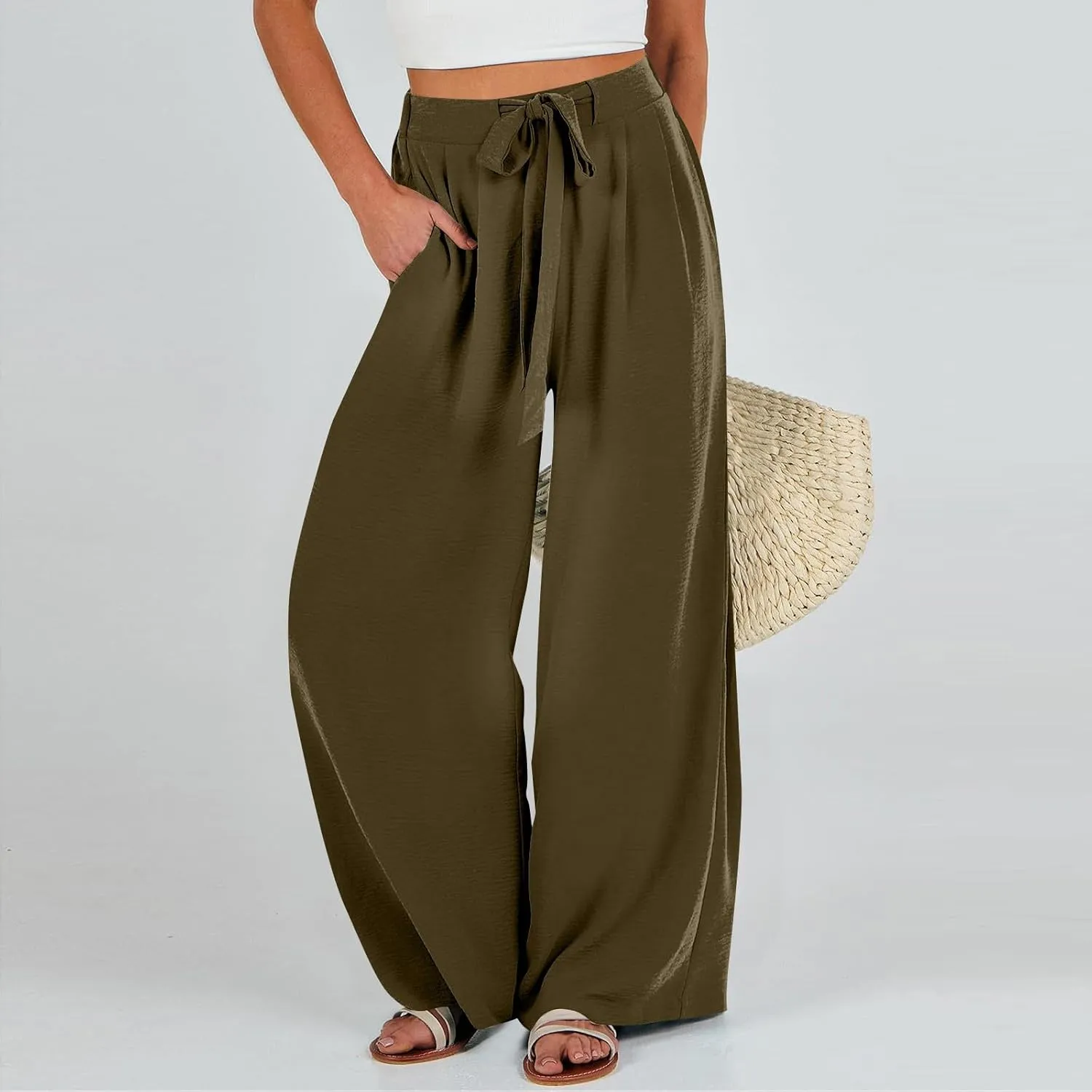 Linen Pants Women High Waisted Wide Leg Work Pants Business Casual Formal Pull On Dress Pants with Pockets Slacks