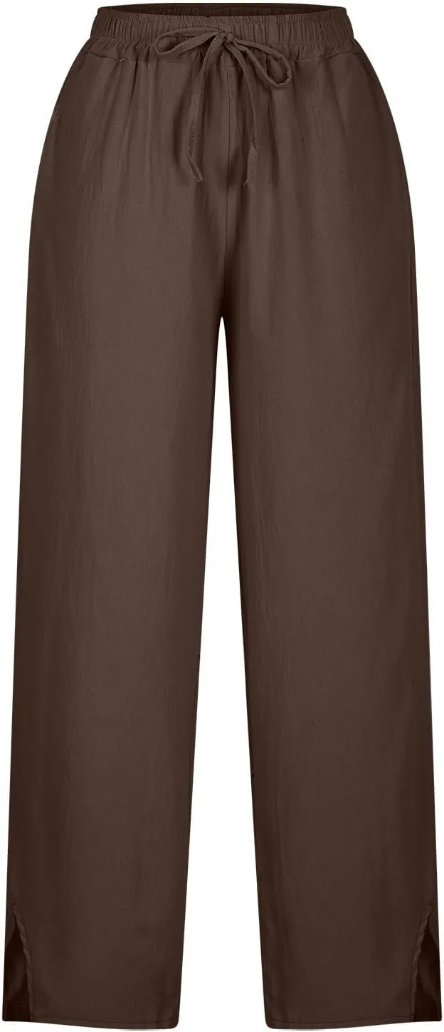 Linen Pants Women Trendy 2025 High Waisted Wide Leg Lounge Pant Drawstring Comfy Trousers Boho Beach Outfits