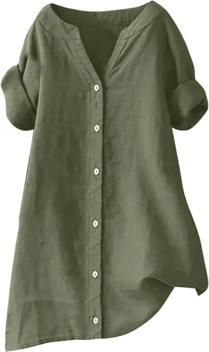 linen shirts for women 2024 Solid Color Medium Sleeve Collar Casual Women's Shirt Women's Shirt Womens Summer Tops