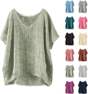 Linen Shirts for Women 2025 Summer Trendy Oversize Crewneck Short Sleeve Cute Tops Casual Loose Fit Comfy Blouses