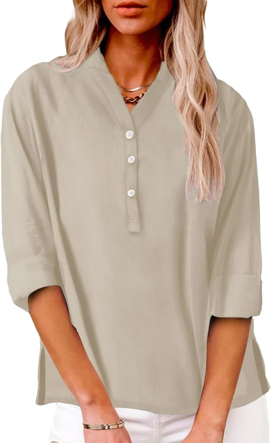 Linen Shirts for Women Button Down Shirts Short Sleeve Cotton Collared V Neck Solid Casual Blouses with Pockets