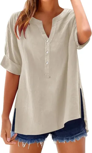 Linen Shirts for Women Button Down Shirts Short Sleeve Cotton Collared V Neck Solid Casual Blouses with Pockets