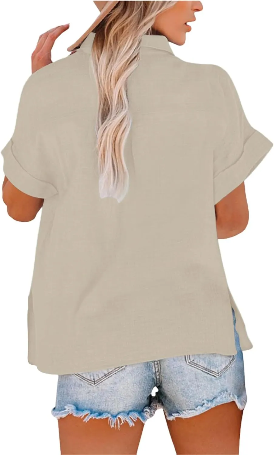 Linen Shirts for Women Button Down Shirts Short Sleeve Cotton Collared V Neck Solid Casual Blouses with Pockets