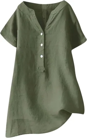Linen Shirts for Women Casual Quarter Button Down Short Sleeve Tops Fashion Tunic Solid Summer Hawaiian Clothes