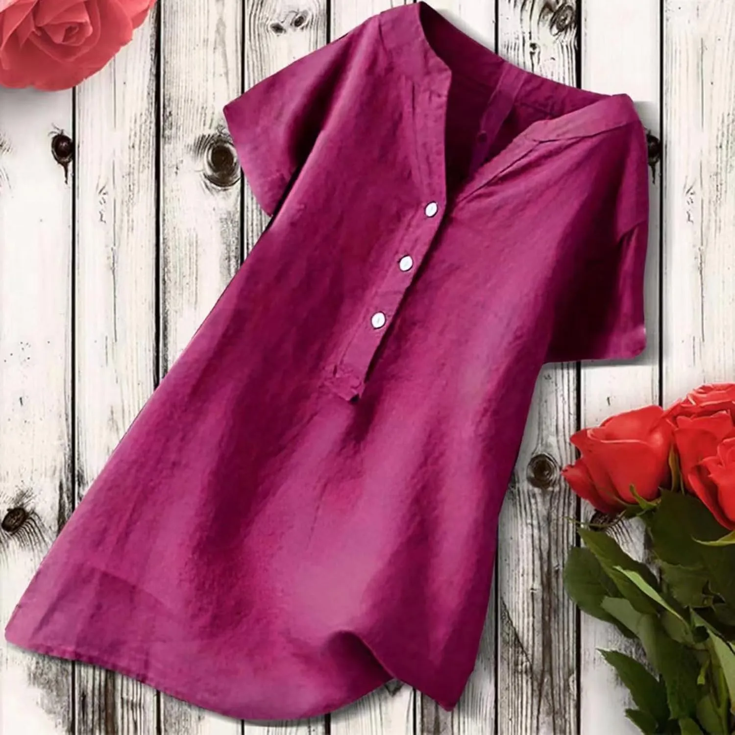 Linen Shirts for Women Casual Quarter Button Down Short Sleeve Tops Fashion Tunic Solid Summer Hawaiian Clothes