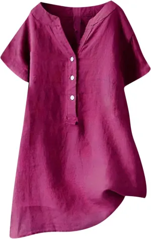 Linen Shirts for Women Casual Quarter Button Down Short Sleeve Tops Fashion Tunic Solid Summer Hawaiian Clothes