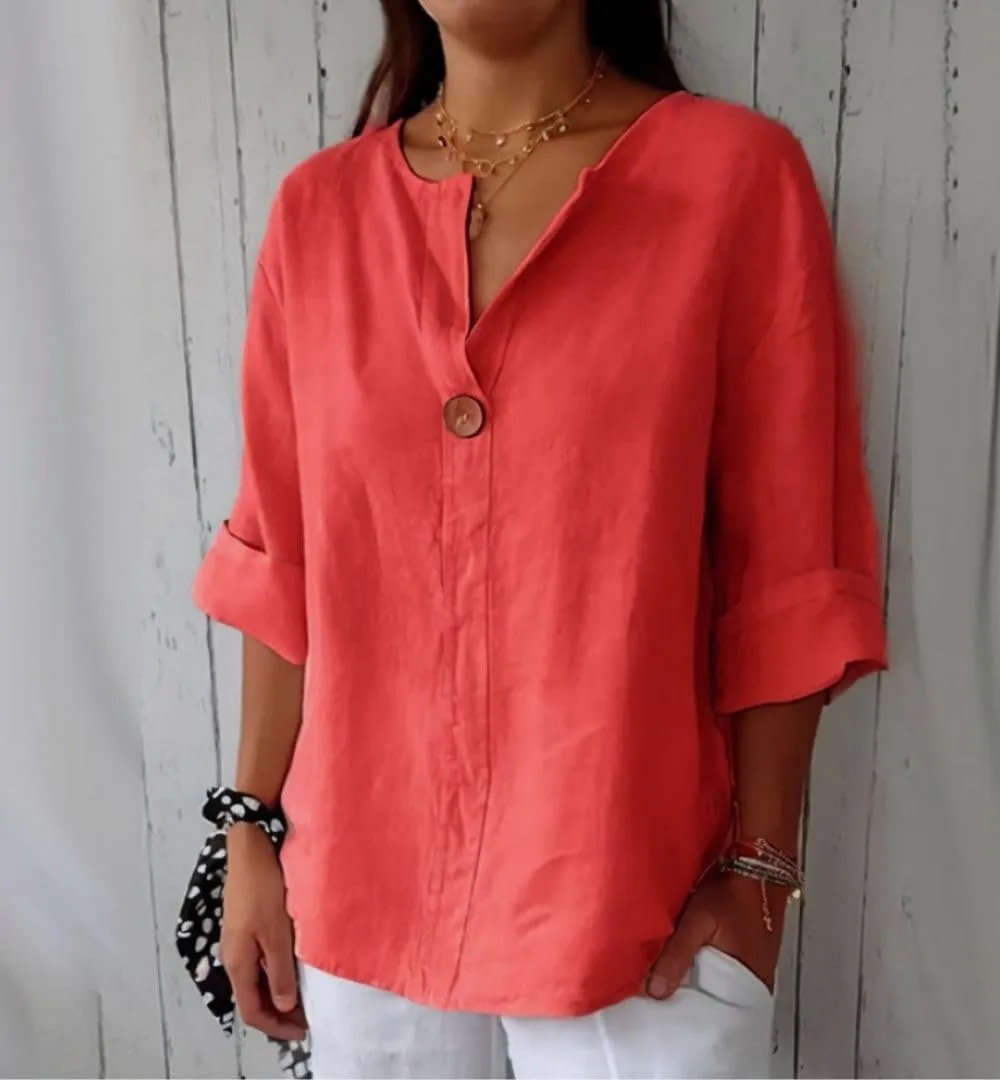 Linen Shirts for Women Summer Cotton Linen V Neck 3/4 Sleeve Tops Loose Vacation Beach Solid Blouses Tunic Tops