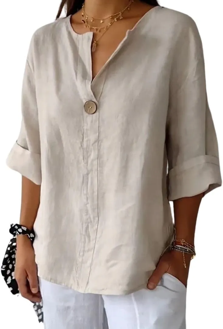 Linen Shirts for Women Summer Cotton Linen V Neck 3/4 Sleeve Tops Loose Vacation Beach Solid Blouses Tunic Tops