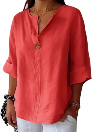 Linen Shirts for Women Summer Cotton Linen V Neck 3/4 Sleeve Tops Loose Vacation Beach Solid Blouses Tunic Tops