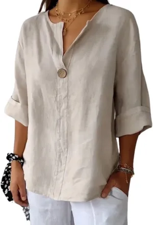 Linen Shirts for Women Summer Cotton Linen V Neck 3/4 Sleeve Tops Loose Vacation Beach Solid Blouses Tunic Tops