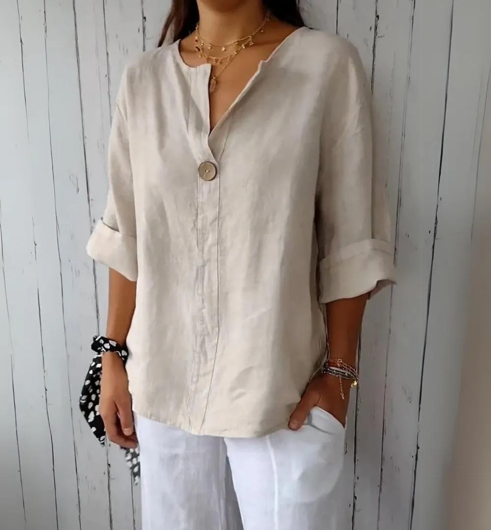 Linen Shirts for Women Summer Cotton Linen V Neck 3/4 Sleeve Tops Loose Vacation Beach Solid Blouses Tunic Tops