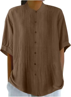 Linen Shirts for Women Trendy Smocked Half Sleeve Boho Blouses Soft Button Down Solid Vacation Summer Boho Clothes