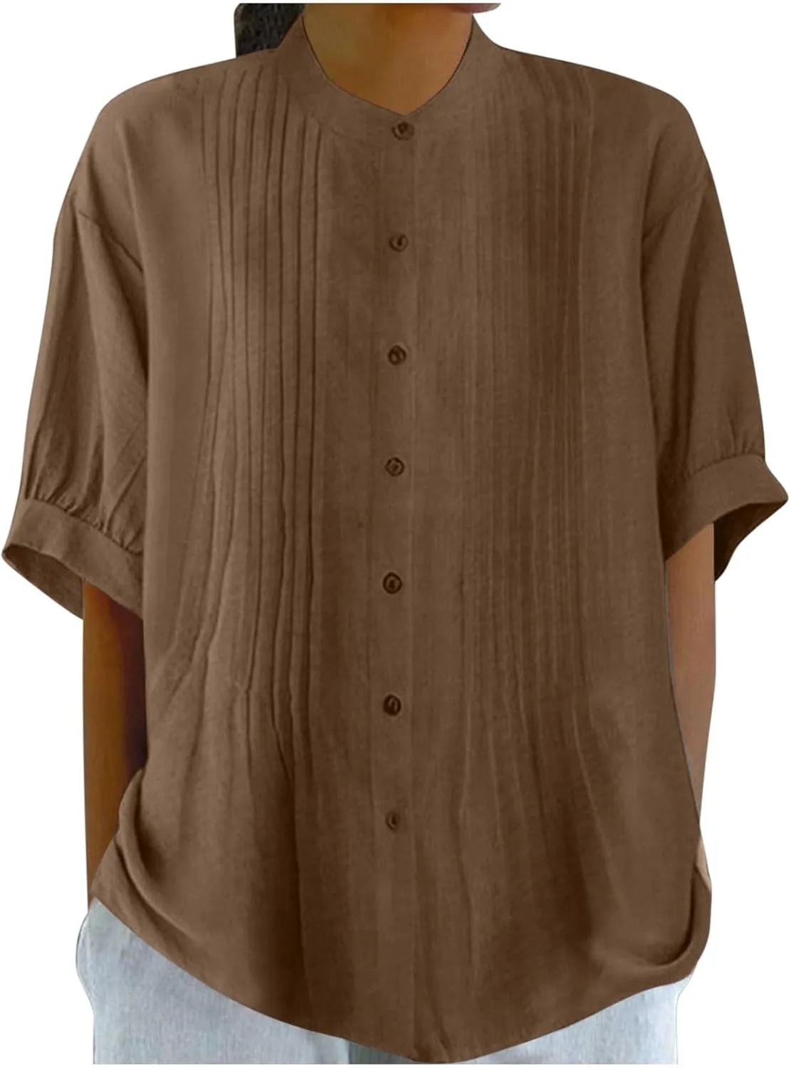 Linen Shirts for Women Trendy Smocked Half Sleeve Boho Blouses Soft Button Down Solid Vacation Summer Boho Clothes
