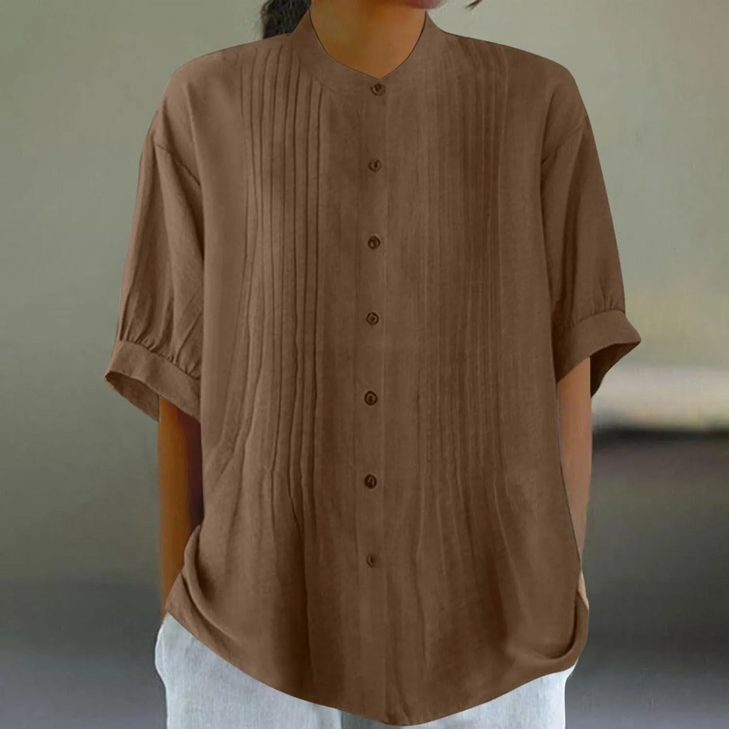 Linen Shirts for Women Trendy Smocked Half Sleeve Boho Blouses Soft Button Down Solid Vacation Summer Boho Clothes