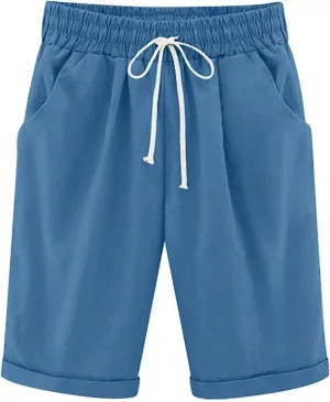 Linen Shorts for Women Plus Size Casual Drawstring Elastic Wide Leg Short Pants Summer Beach Outfits with Pockets