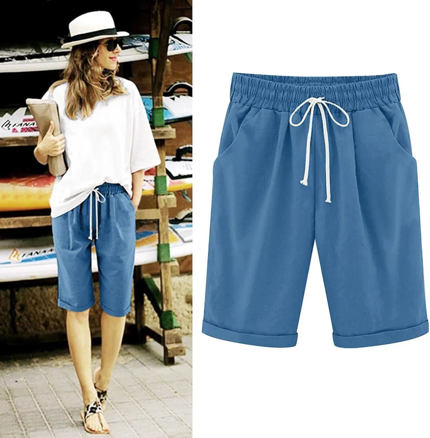 Linen Shorts for Women Plus Size Casual Drawstring Elastic Wide Leg Short Pants Summer Beach Outfits with Pockets