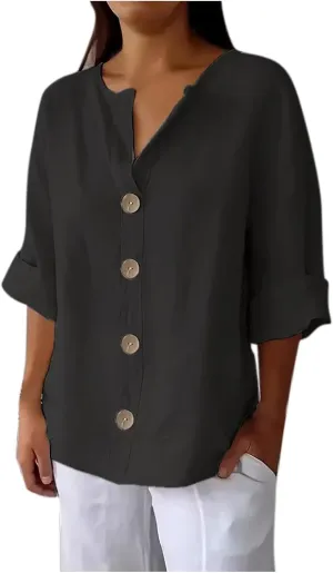 Linen Tops for Women Summer V Neck 3/4 Length Sleeve Womens Tops with Button Roll-Up Sleeve Casual Loose Fit Blouses