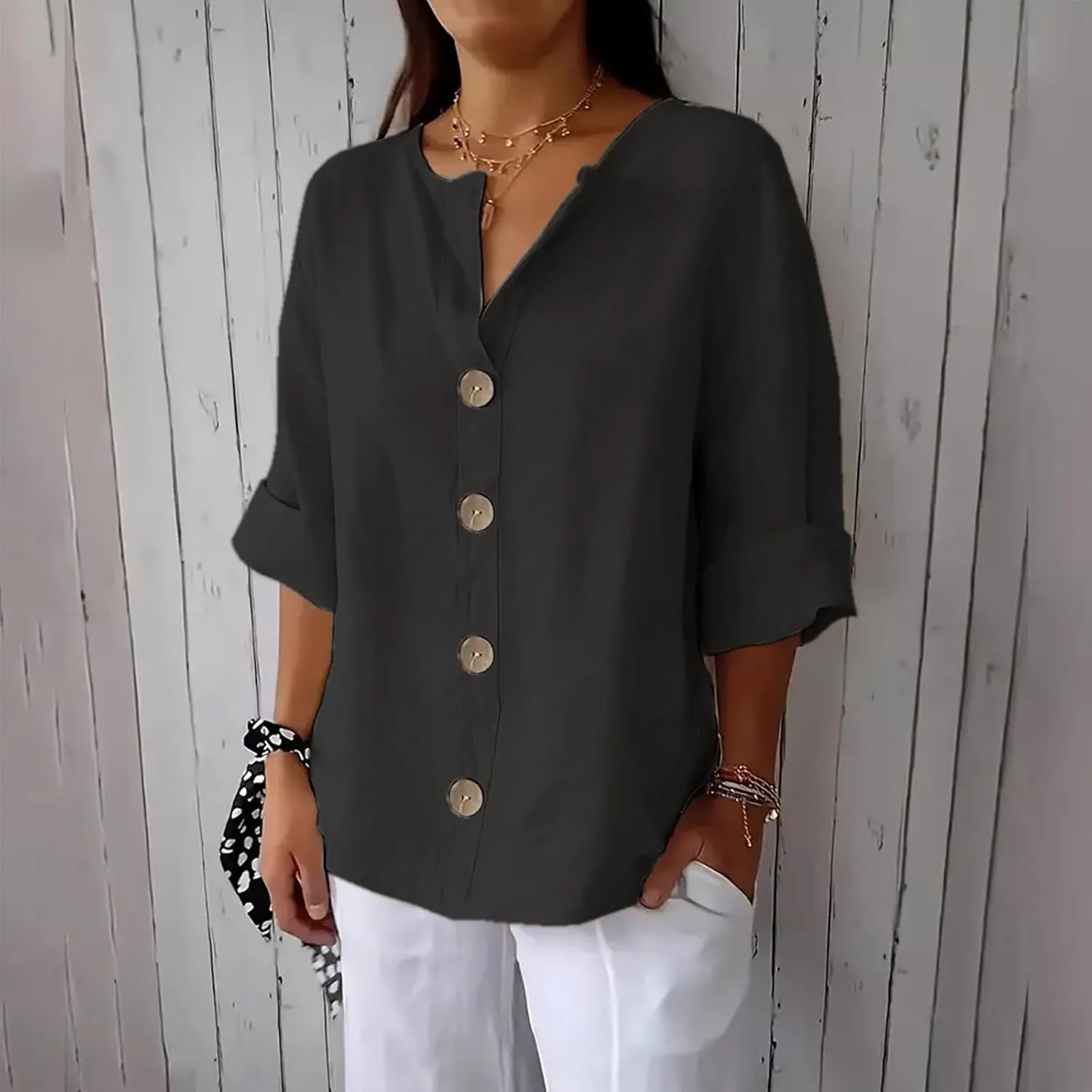 Linen Tops for Women Summer V Neck 3/4 Length Sleeve Womens Tops with Button Roll-Up Sleeve Casual Loose Fit Blouses