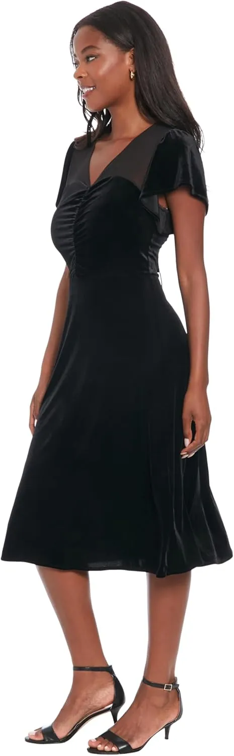 London Times Women's Illusion Flutter SLV Ruched Midi
