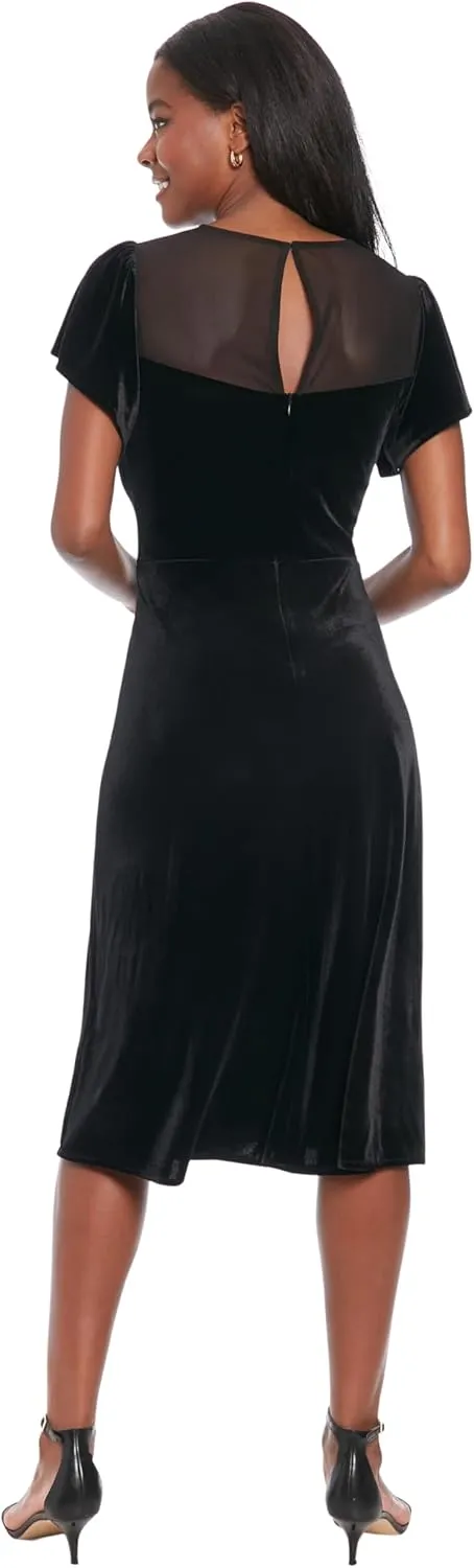 London Times Women's Illusion Flutter SLV Ruched Midi