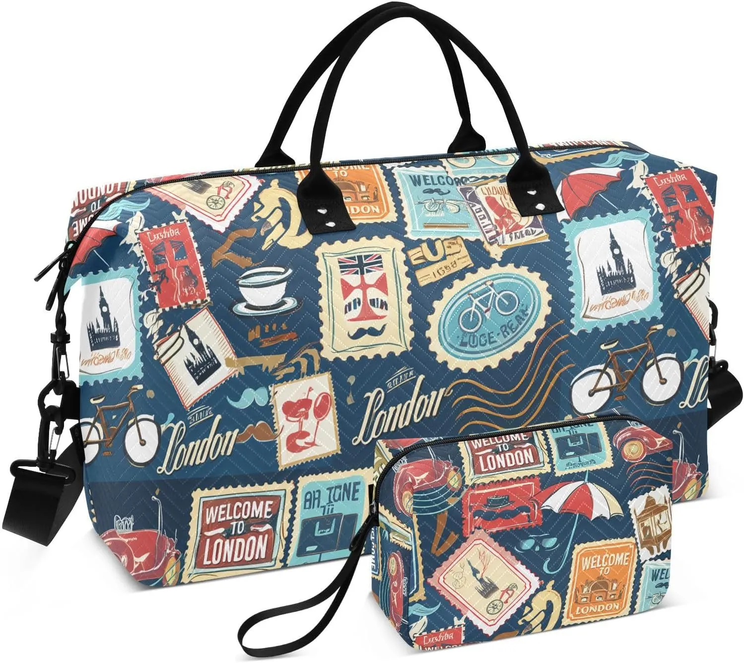 London Travel Stamp Darkblue Sports Gym Bag for Women Men Travel Duffel Bag Weekend Overnight Carry on Bag with Toiletry Bag Training Handbag for Plane Hospital Swimming Yoga Workout