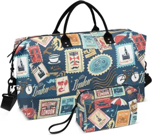 London Travel Stamp Darkblue Sports Gym Bag for Women Men Travel Duffel Bag Weekend Overnight Carry on Bag with Toiletry Bag Training Handbag for Plane Hospital Swimming Yoga Workout