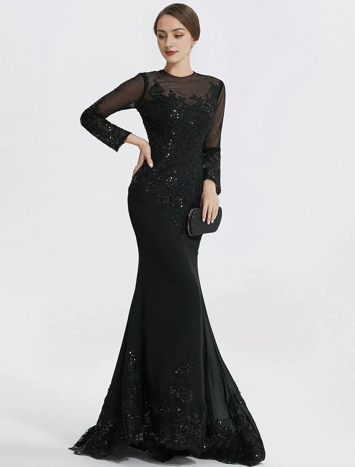 Long Black Dress Women's Formal Dresses Elegant Prom Gowns Evening Dresses Floor Length Long Sleeve