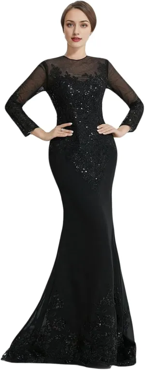 Long Black Dress Women's Formal Dresses Elegant Prom Gowns Evening Dresses Floor Length Long Sleeve