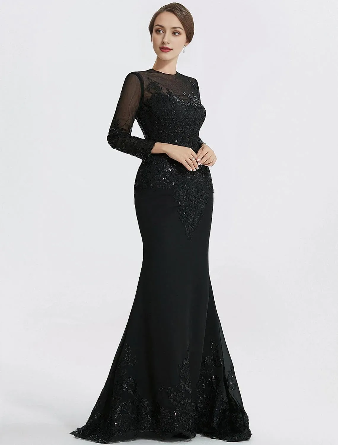 Long Black Dress Women's Formal Dresses Elegant Prom Gowns Evening Dresses Floor Length Long Sleeve