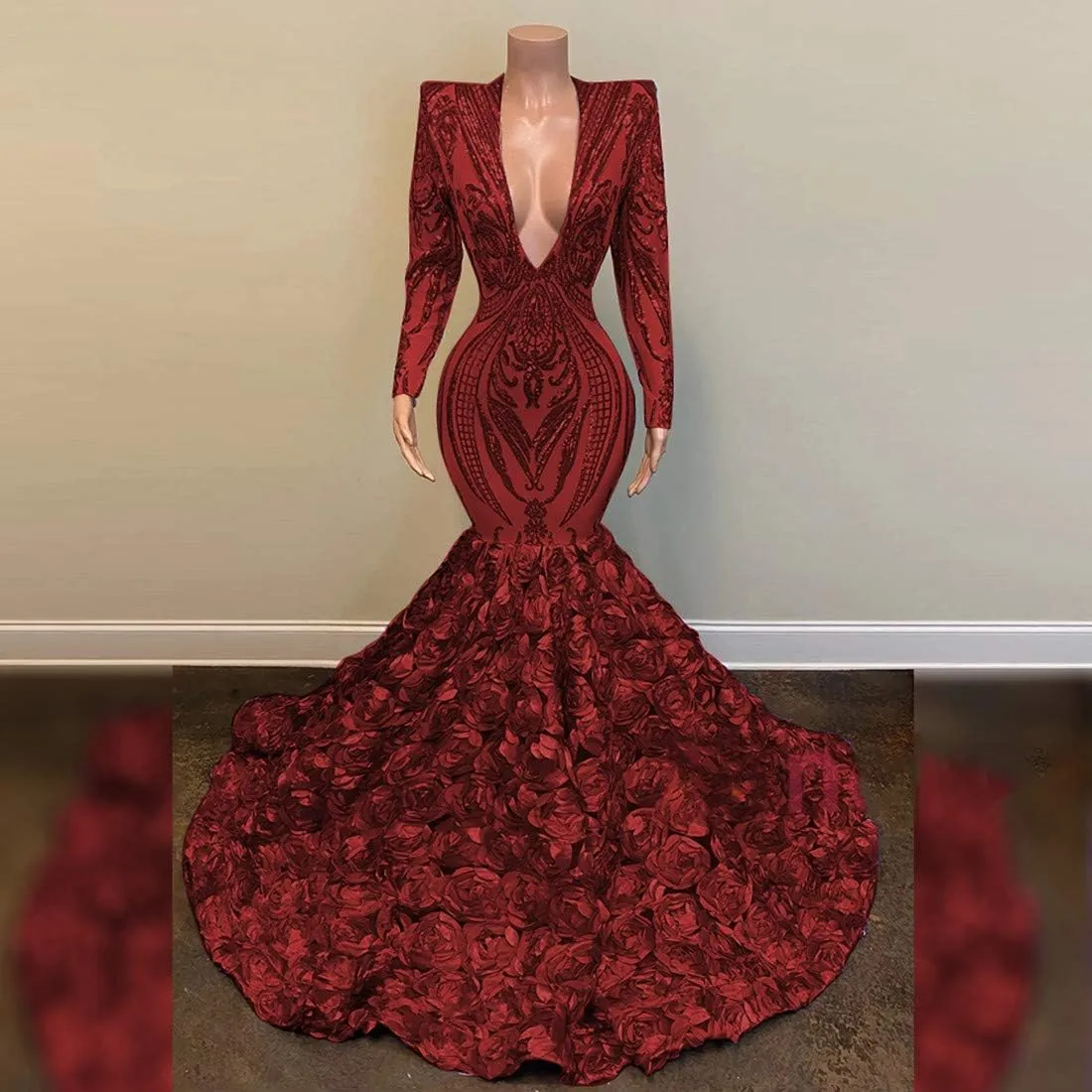 Long Sleeve V Neck Mermaid Sequined Organza Prom Evening Shower Party Dress Pageant Celebrity Gown
