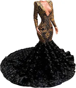 Long Sleeve V Neck Mermaid Sequined Organza Prom Evening Shower Party Dress Pageant Celebrity Gown