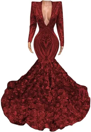 Long Sleeve V Neck Mermaid Sequined Organza Prom Evening Shower Party Dress Pageant Celebrity Gown