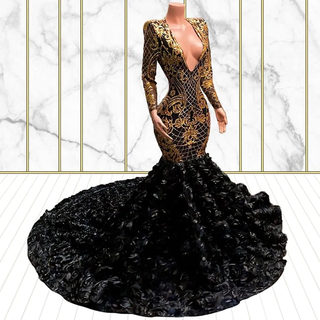 Long Sleeve V Neck Mermaid Sequined Organza Prom Evening Shower Party Dress Pageant Celebrity Gown