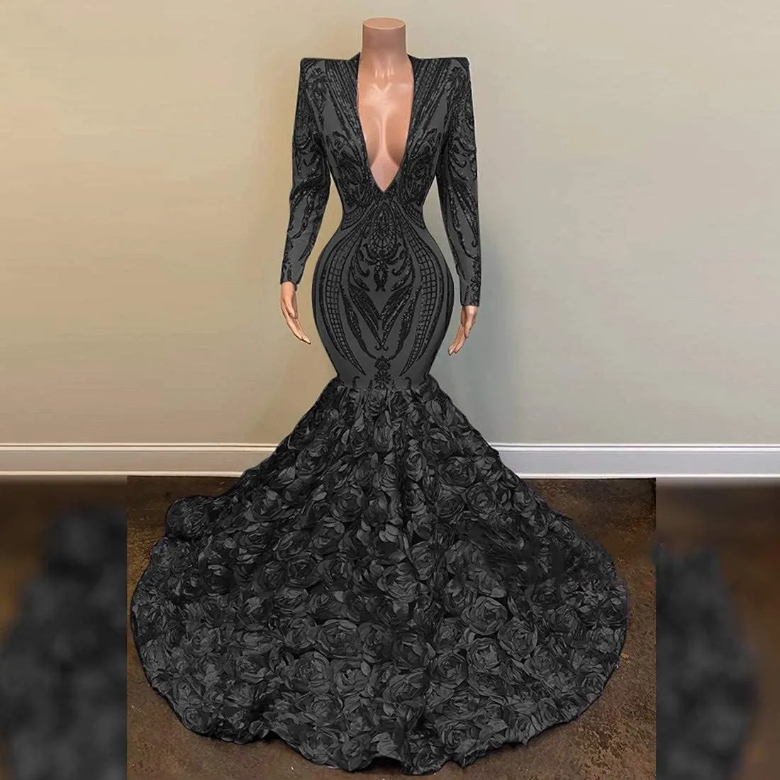 Long Sleeve V Neck Mermaid Sequined Organza Prom Evening Shower Party Dress Pageant Celebrity Gown