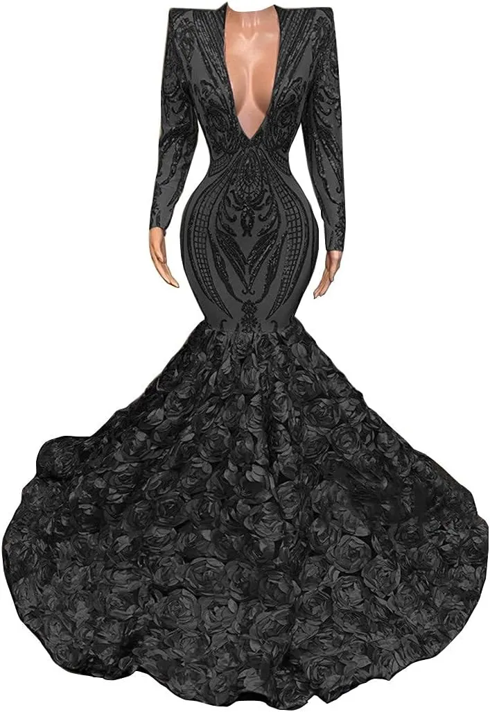 Long Sleeve V Neck Mermaid Sequined Organza Prom Evening Shower Party Dress Pageant Celebrity Gown