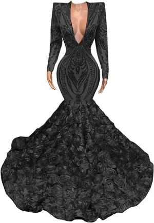 Long Sleeve V Neck Mermaid Sequined Organza Prom Evening Shower Party Dress Pageant Celebrity Gown