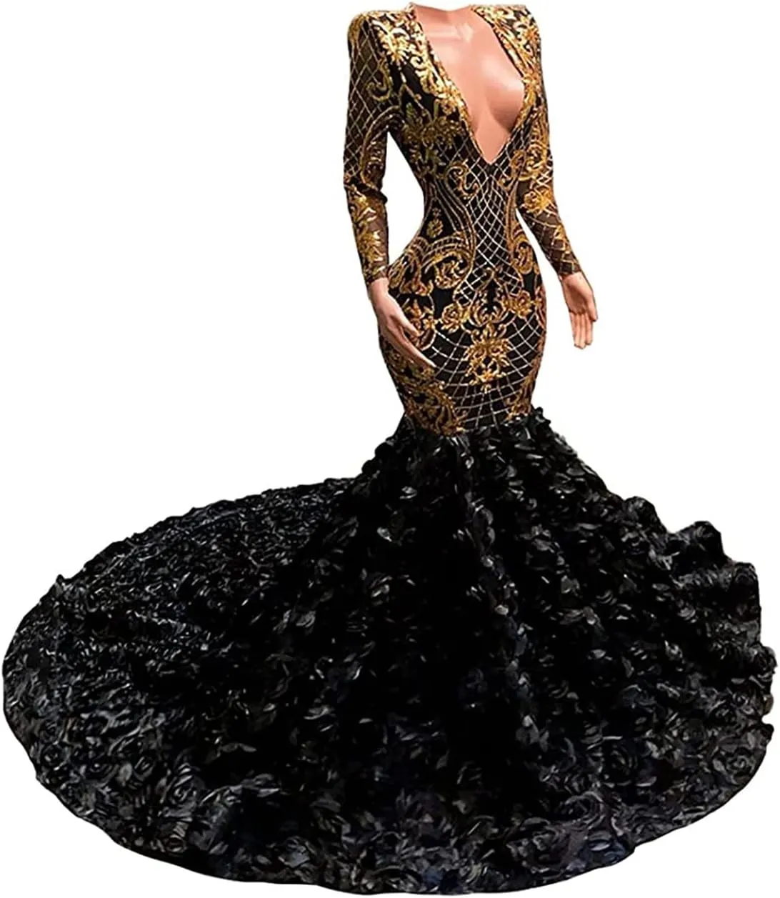 Long Sleeve V Neck Mermaid Sequined Organza Prom Evening Shower Party Dress Pageant Celebrity Gown