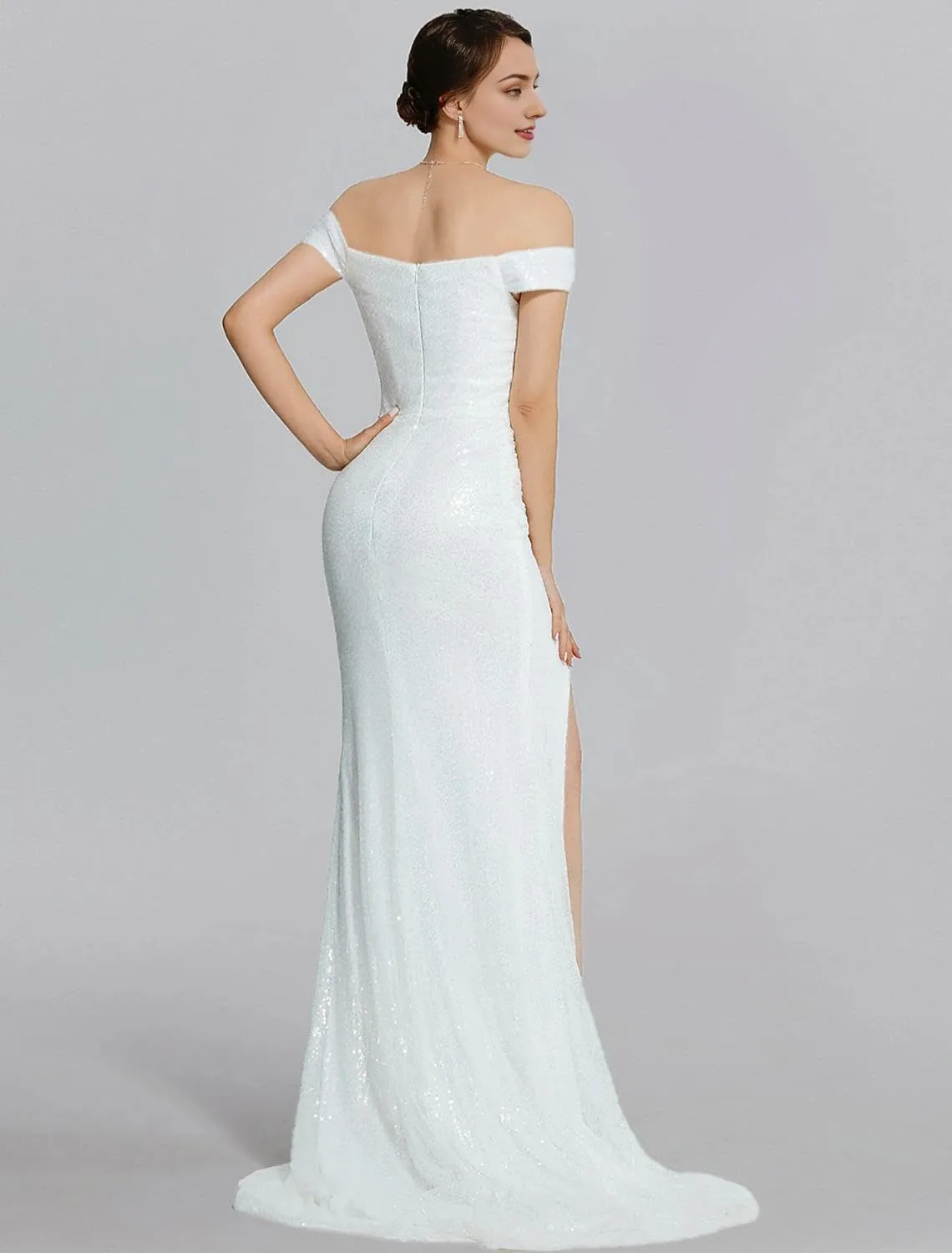 Long Sparkle Evening Dress Wedding Guest Dresses for Women Short Sleeve Long Cocktail Formal Gown Sequined Slit