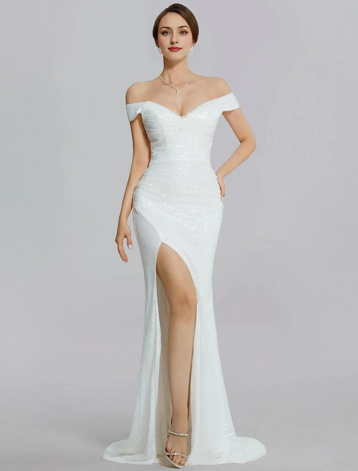 Long Sparkle Evening Dress Wedding Guest Dresses for Women Short Sleeve Long Cocktail Formal Gown Sequined Slit
