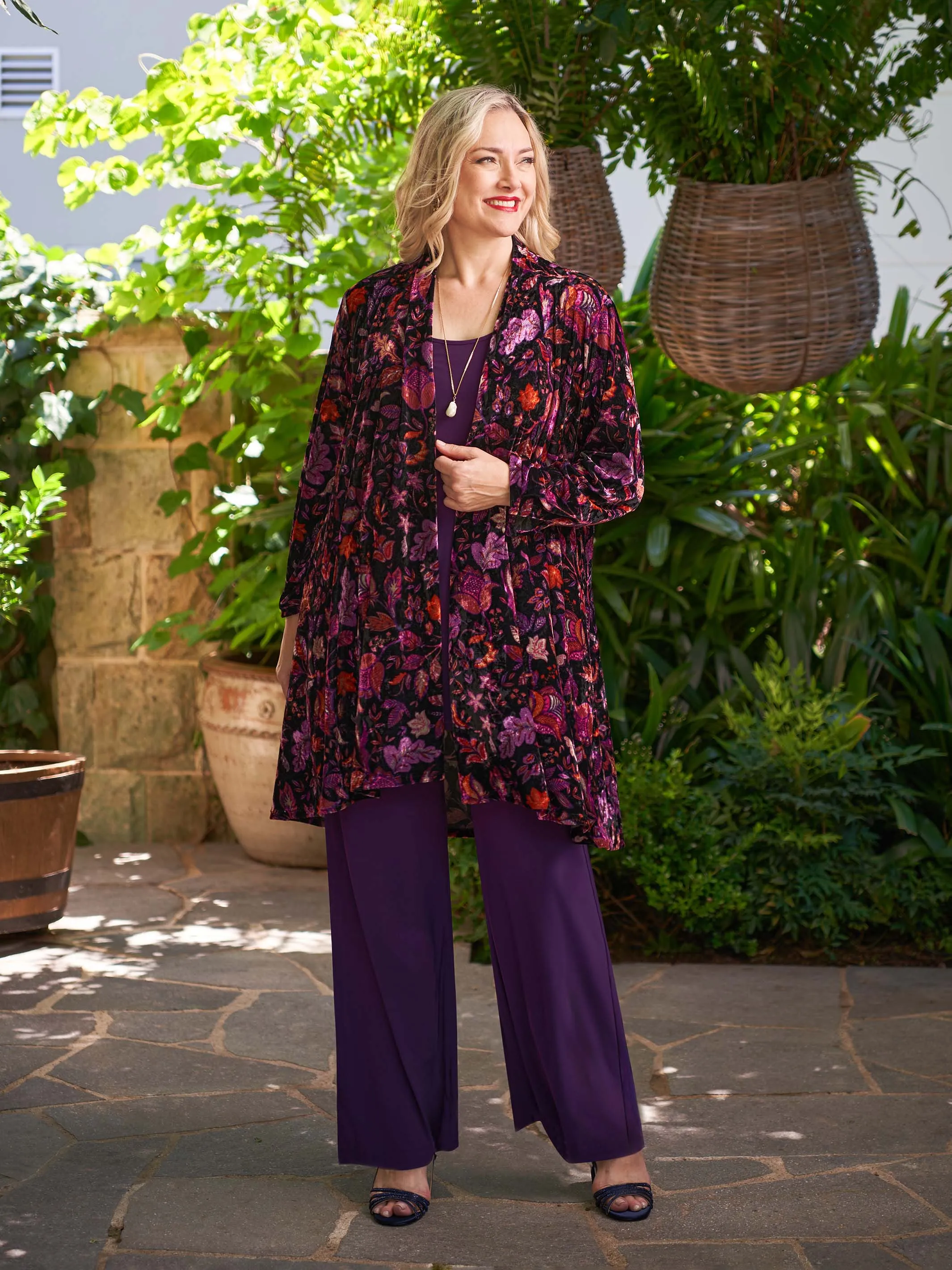 Longline Velvet Evening Jacket - Fuchsia Leaves