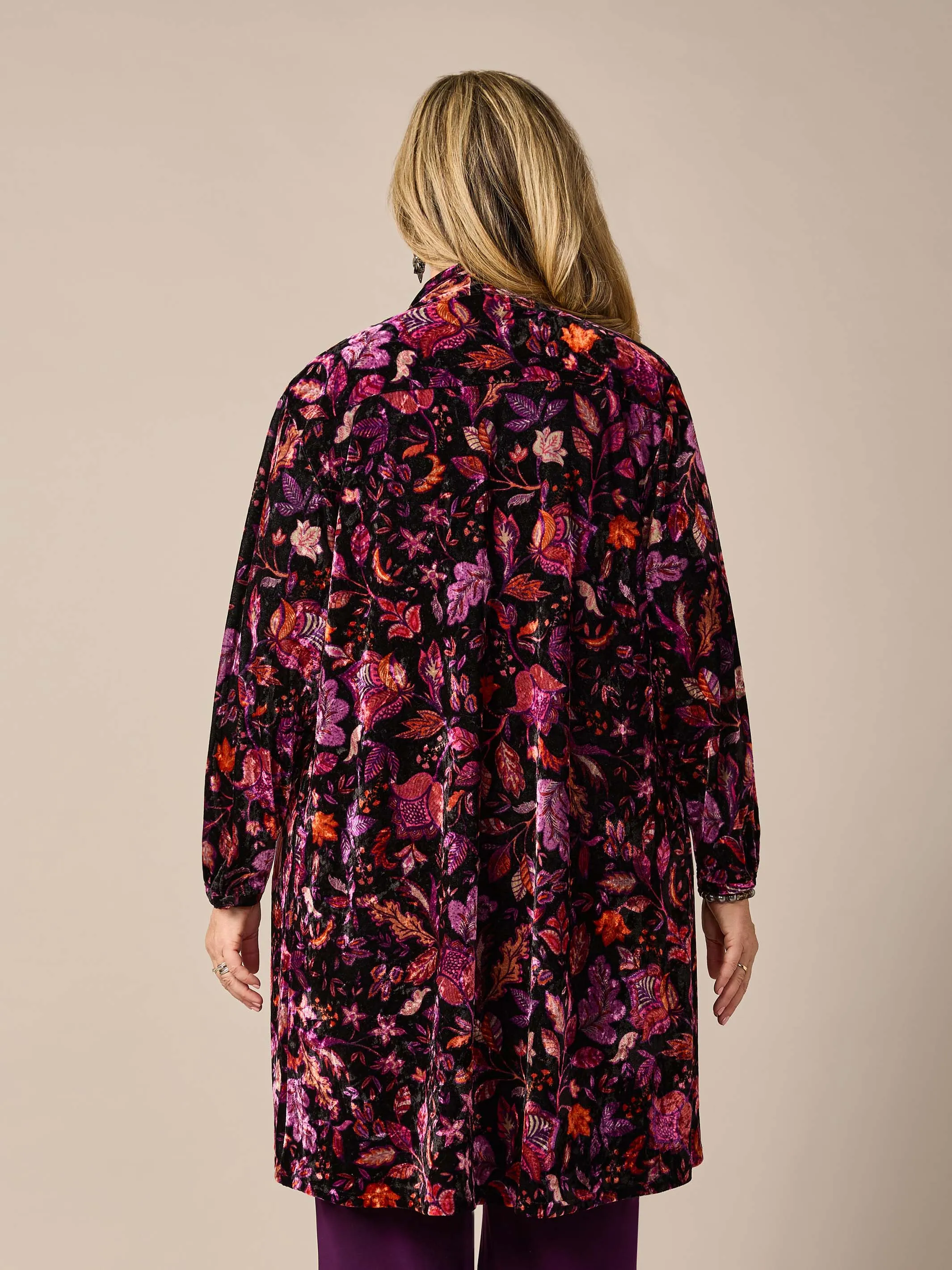 Longline Velvet Evening Jacket - Fuchsia Leaves