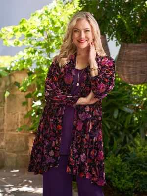 Longline Velvet Evening Jacket - Fuchsia Leaves