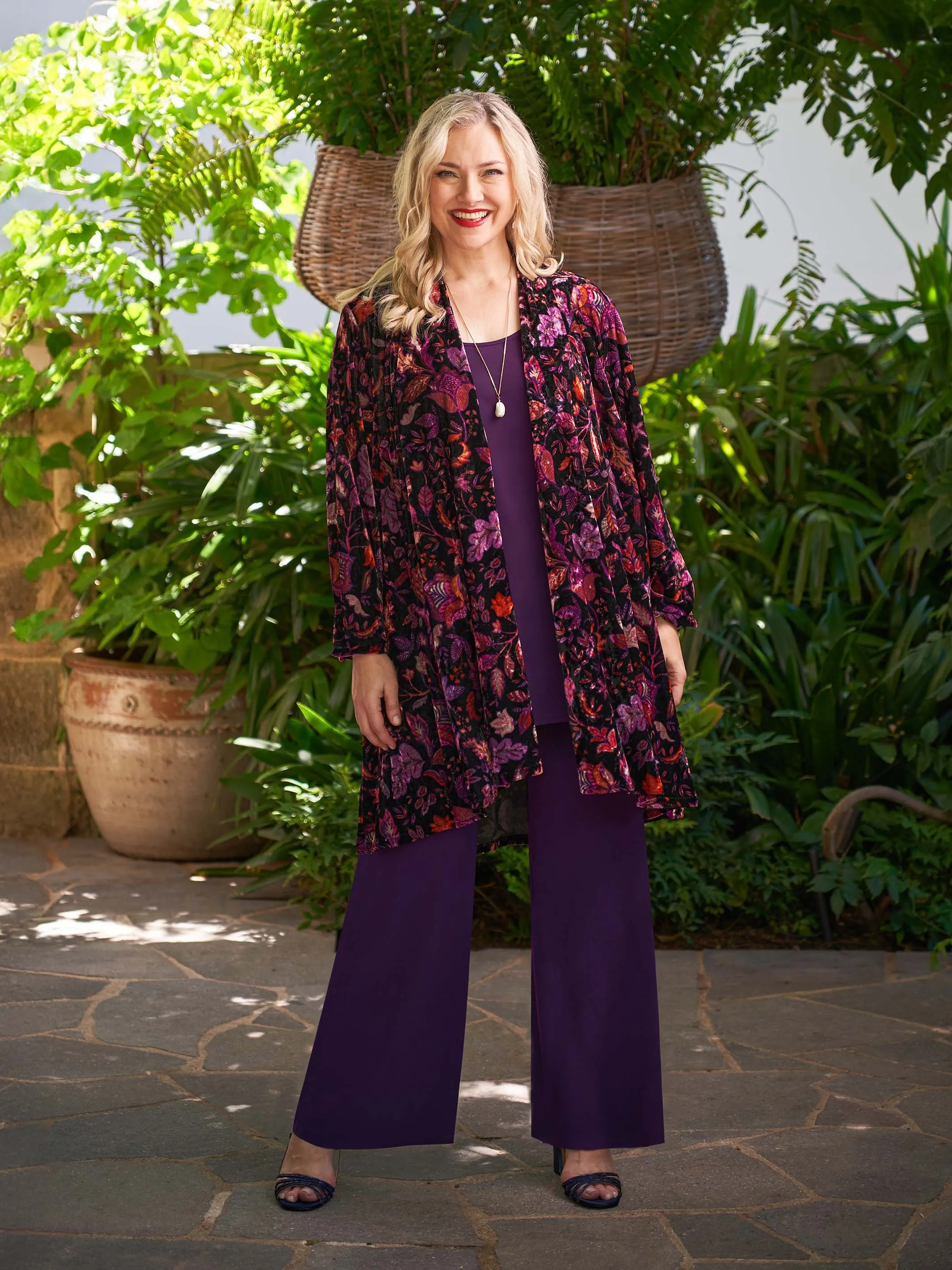 Longline Velvet Evening Jacket - Fuchsia Leaves