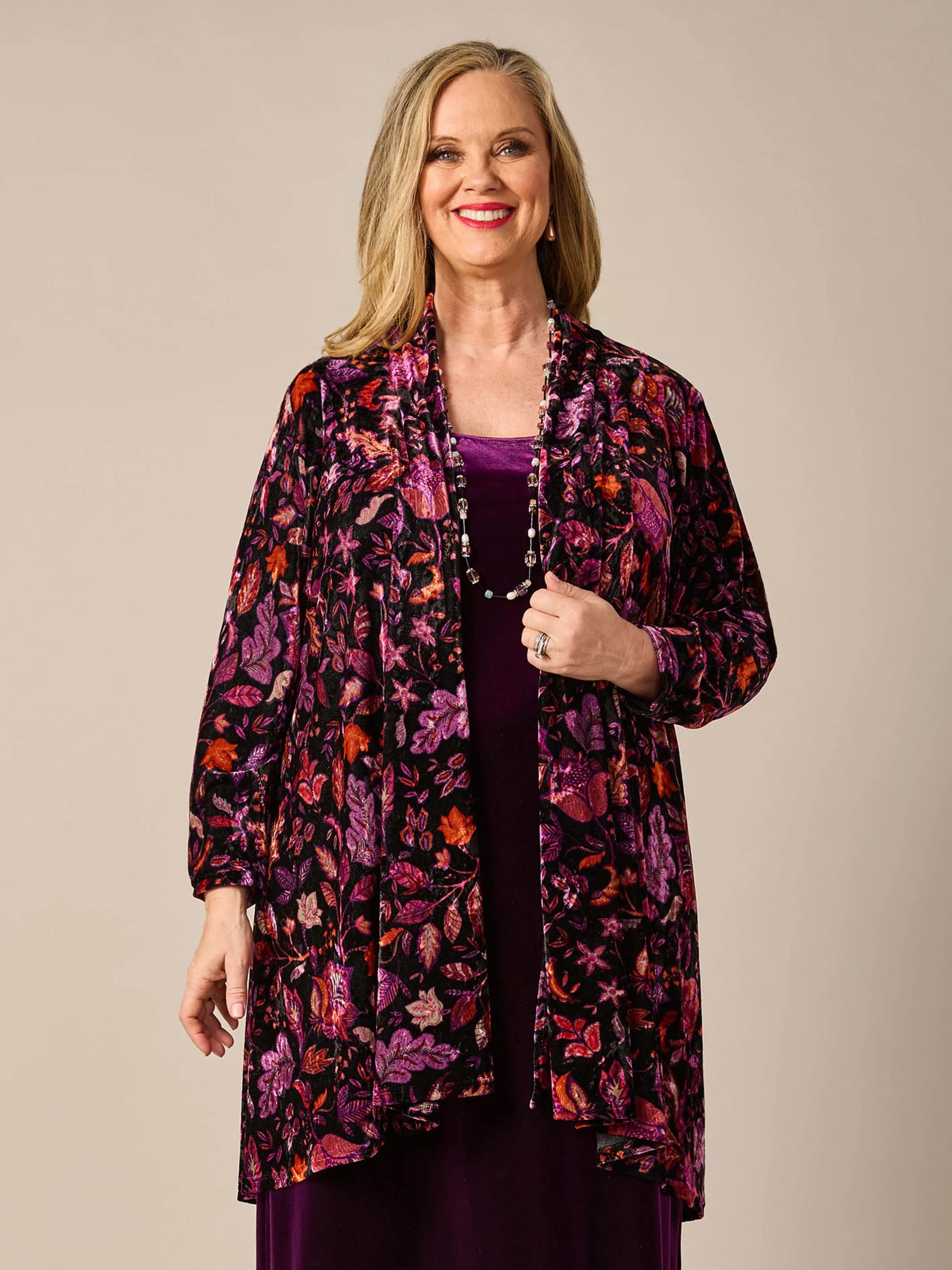 Longline Velvet Evening Jacket - Fuchsia Leaves