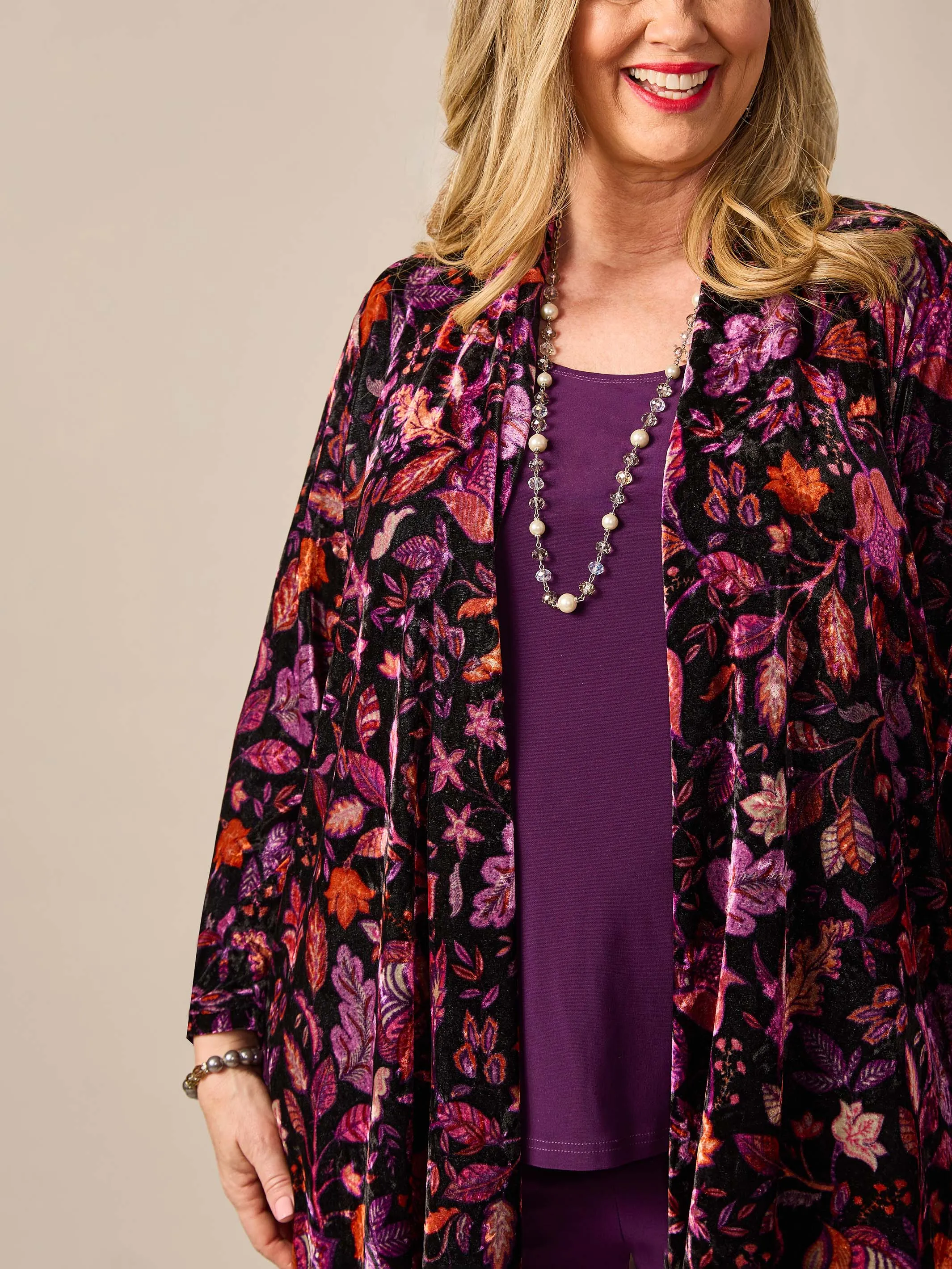 Longline Velvet Evening Jacket - Fuchsia Leaves