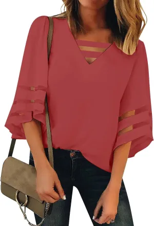 LookbookStore Tops for Women Trendy 2024 Dressy Casual V Neck Mesh Panel Blouse 3/4 Bell Sleeve Shirt