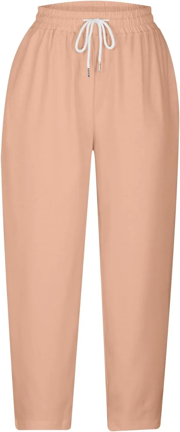 Loose Casual Harlan Pants for Women Drawstring Waist Wide Leg Lounge Pant Summer Casual Cropped Trousers with Pockets